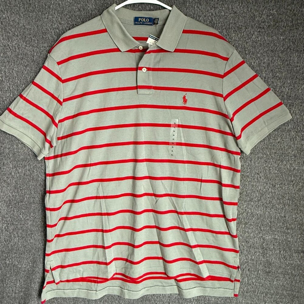 Polo Ralph Lauren Short Sleeve Soft Touch Striped Polo Shirt - Grey w/ Red - XL